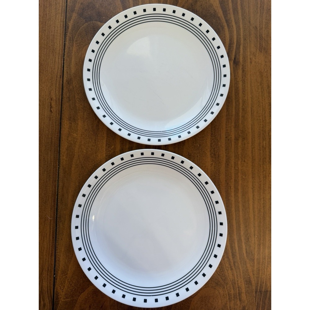Corelle Black Geometric Square Border Dinner Plates 10.25" Set of 2 White
